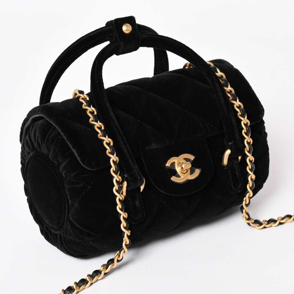 Like new CHANEL Chanel Matelasse Velvet Mini Bowling 2way Bag Mini Boston Bag Random Number Velvet Leather Black Gold Hardware Used 4a003638