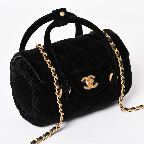 Like new CHANEL Chanel Matelasse Velvet Mini Bowling 2way Bag Mini Boston Bag Random Number Velvet Leather Black Gold Hardware Used 4a003638