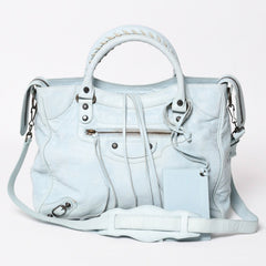 BALENCIAGA Classic Velo Handbag Shoulder Bag 235216 Editors 2WAY Lambskin Ice Blue Metal Black Hardware Good Condition Used 4a003651