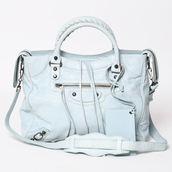 BALENCIAGA Classic Velo Handbag Shoulder Bag 235216 Editors 2WAY Lambskin Ice Blue Metal Black Hardware Good Condition Used 4a003651