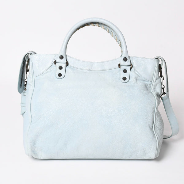 BALENCIAGA Classic Velo Handbag Shoulder Bag 235216 Editors 2WAY Lambskin Ice Blue Metal Black Hardware Good Condition Used 4a003651