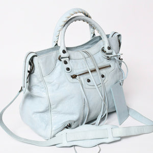 BALENCIAGA Classic Velo Handbag Shoulder Bag 235216 Editors 2WAY Lambskin Ice Blue Metal Black Hardware Good Condition Used 4a003651