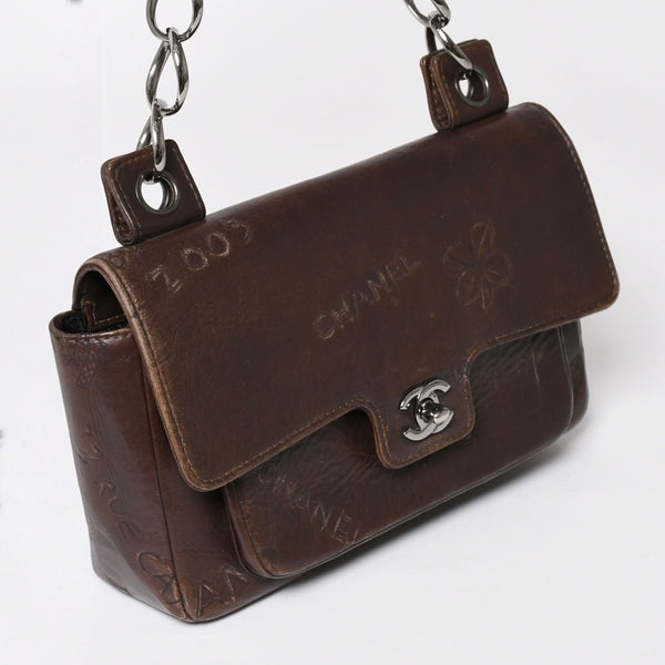 CHANEL シャネル チェーンショルダーバッグ アイコンモチーフ クルーズライン 8番台 2003年 ブラウン シルバー 美品 中古 4a003640