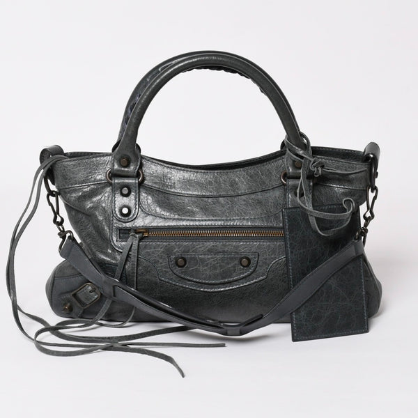 BALENCIAGA The First Handbag Shoulder Bag 103208 Lambskin Dark Gray Metal Black Hardware 2way Good Condition Used 4a003641