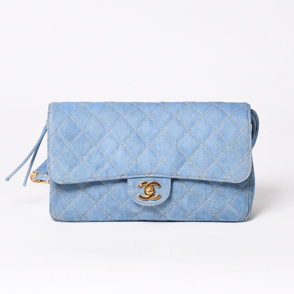 Very Good Condition CHANEL Chanel Matelasse Denim Backpack Rucksack No. 4 Turnlock Indigo Blue Gold Hardware Used 4a003650