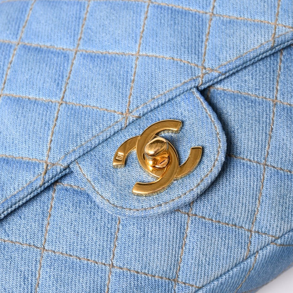 Very Good Condition CHANEL Chanel Matelasse Denim Backpack Rucksack No. 4 Turnlock Indigo Blue Gold Hardware Used 4a003650
