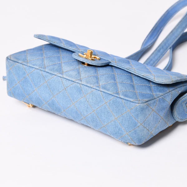 Very Good Condition CHANEL Chanel Matelasse Denim Backpack Rucksack No. 4 Turnlock Indigo Blue Gold Hardware Used 4a003650