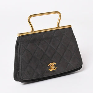 極美品 CHANEL シャネル トップハンドル ハンドバッグ 3番台 ココマーク スウェード ターンロック ダークグレー ゴールド金具 中古 4a003643