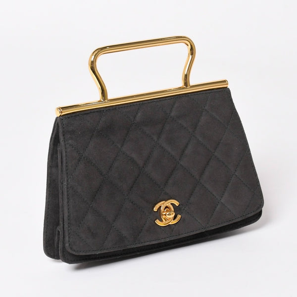 極美品 CHANEL シャネル トップハンドル ハンドバッグ 3番台 ココマーク スウェード ターンロック ダークグレー ゴールド金具 中古 4a003643