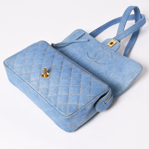 Very Good Condition CHANEL Chanel Matelasse Denim Backpack Rucksack No. 4 Turnlock Indigo Blue Gold Hardware Used 4a003650