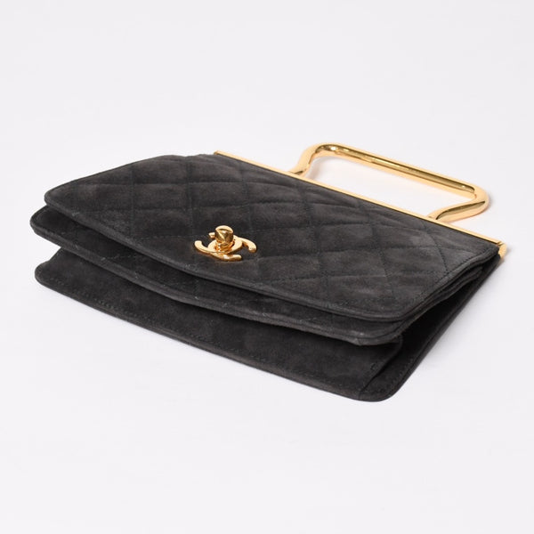 極美品 CHANEL シャネル トップハンドル ハンドバッグ 3番台 ココマーク スウェード ターンロック ダークグレー ゴールド金具 中古 4a003643