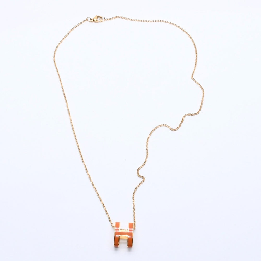 極美品 HERMES エルメス ポップ H ネックレス アクセサリー オレンジラッカー オバールフォルム 真鍮 ゴールド金具 ペンダント 中古 4a003646