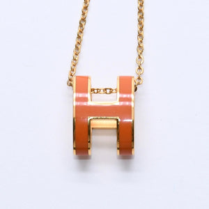 極美品 HERMES エルメス ポップ H ネックレス アクセサリー オレンジラッカー オバールフォルム 真鍮 ゴールド金具 ペンダント 中古 4a003646