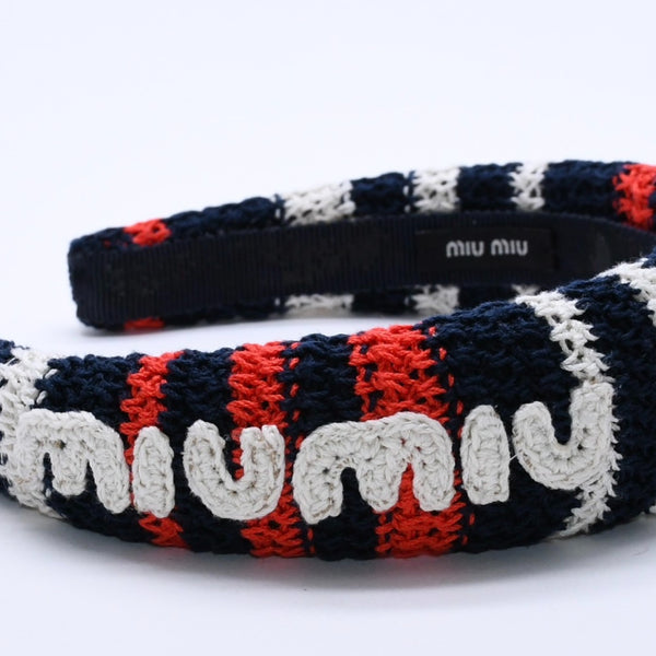 MiuMiu ミュウミュウ クロシェパターンヘッドバンド カチューシャ ヘアバンド トリコロールボーダー柄 クロシェ かぎ針編み 美品 中古 4a001759