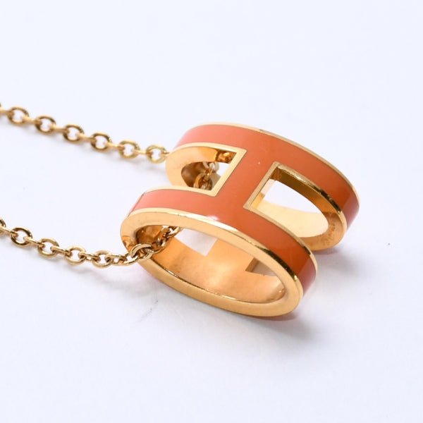 極美品 HERMES エルメス ポップ H ネックレス アクセサリー オレンジラッカー オバールフォルム 真鍮 ゴールド金具 ペンダント 中古 4a003646
