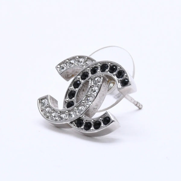 CHANEL Coco Mark Earrings Weight Approx. 2.34g B24V Engraved Rhinestone Silver Black Clear One Ear Good Condition Used 4a003139