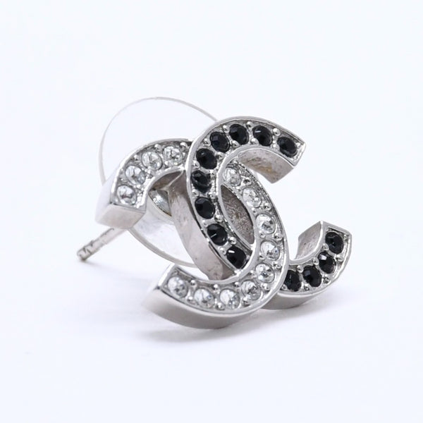 CHANEL Coco Mark Earrings Weight Approx. 2.34g B24V Engraved Rhinestone Silver Black Clear One Ear Good Condition Used 4a003139