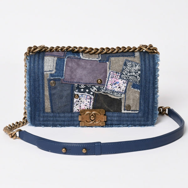 CHANEL Boy Chanel Patchwork Denim Chain Shoulder Bag No. 21 A92867 Indigo Blue Coco Mark Gold Hardware Good Condition Used 4a003660