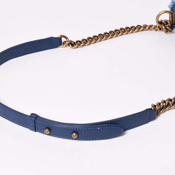 CHANEL Boy Chanel Patchwork Denim Chain Shoulder Bag No. 21 A92867 Indigo Blue Coco Mark Gold Hardware Good Condition Used 4a003660