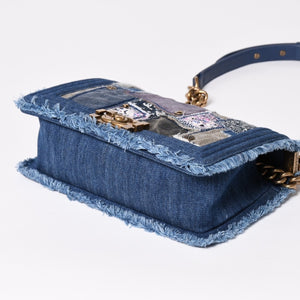 CHANEL Boy Chanel Patchwork Denim Chain Shoulder Bag No. 21 A92867 Indigo Blue Coco Mark Gold Hardware Good Condition Used 4a003660