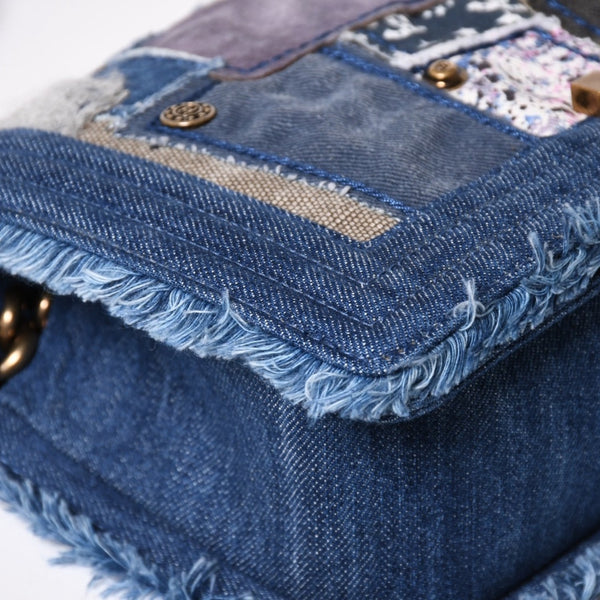CHANEL Boy Chanel Patchwork Denim Chain Shoulder Bag No. 21 A92867 Indigo Blue Coco Mark Gold Hardware Good Condition Used 4a003660