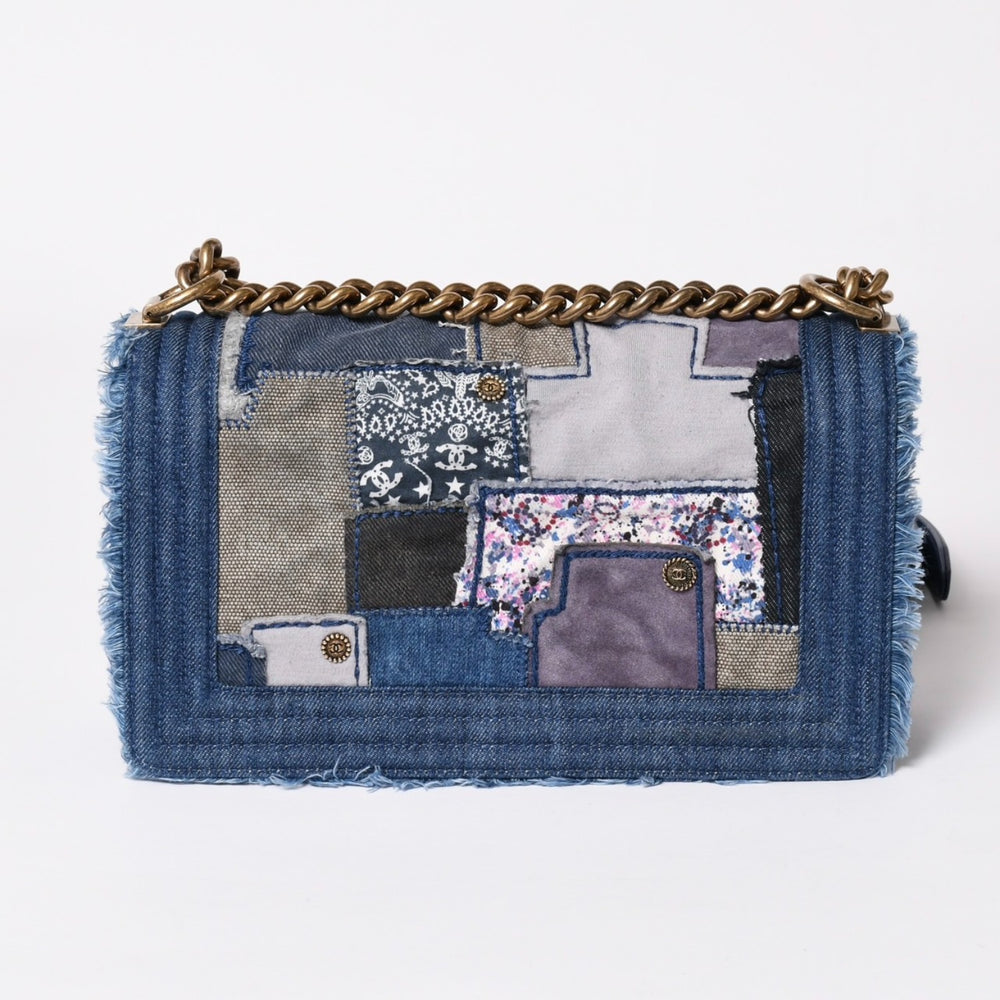 CHANEL Boy Chanel Patchwork Denim Chain Shoulder Bag No. 21 A92867 Indigo Blue Coco Mark Gold Hardware Good Condition Used 4a003660