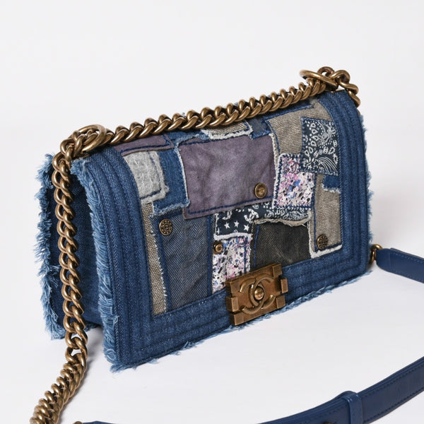 CHANEL Boy Chanel Patchwork Denim Chain Shoulder Bag No. 21 A92867 Indigo Blue Coco Mark Gold Hardware Good Condition Used 4a003660