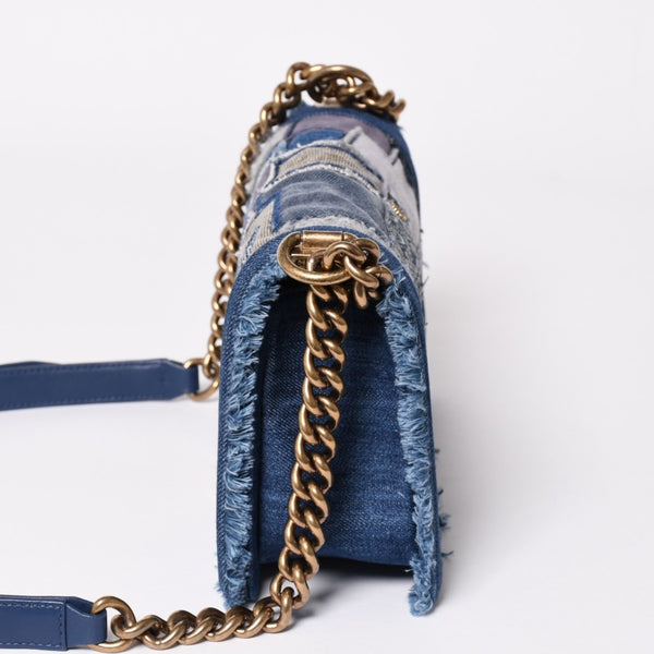 CHANEL Boy Chanel Patchwork Denim Chain Shoulder Bag No. 21 A92867 Indigo Blue Coco Mark Gold Hardware Good Condition Used 4a003660