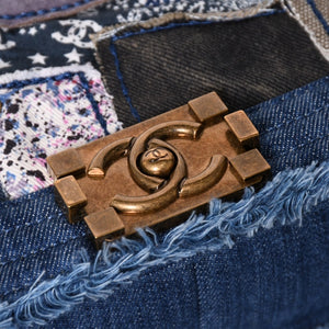 CHANEL Boy Chanel Patchwork Denim Chain Shoulder Bag No. 21 A92867 Indigo Blue Coco Mark Gold Hardware Good Condition Used 4a003660