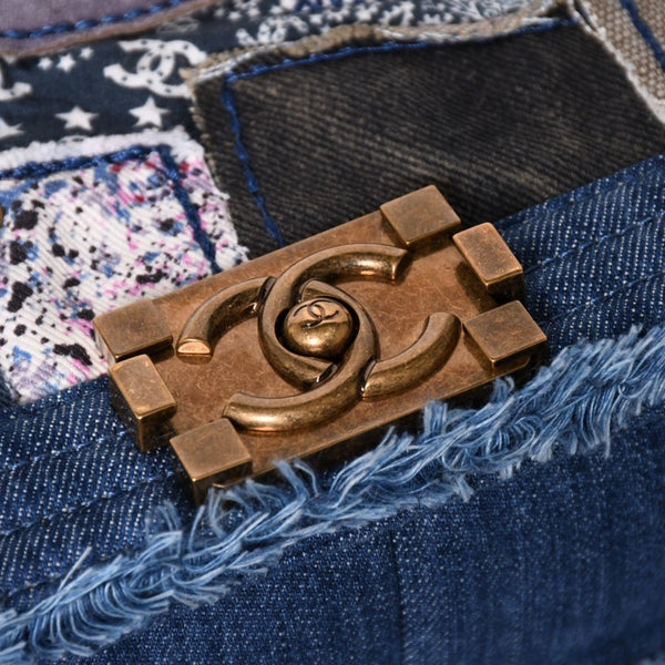 CHANEL Boy Chanel Patchwork Denim Chain Shoulder Bag No. 21 A92867 Indigo Blue Coco Mark Gold Hardware Good Condition Used 4a003660