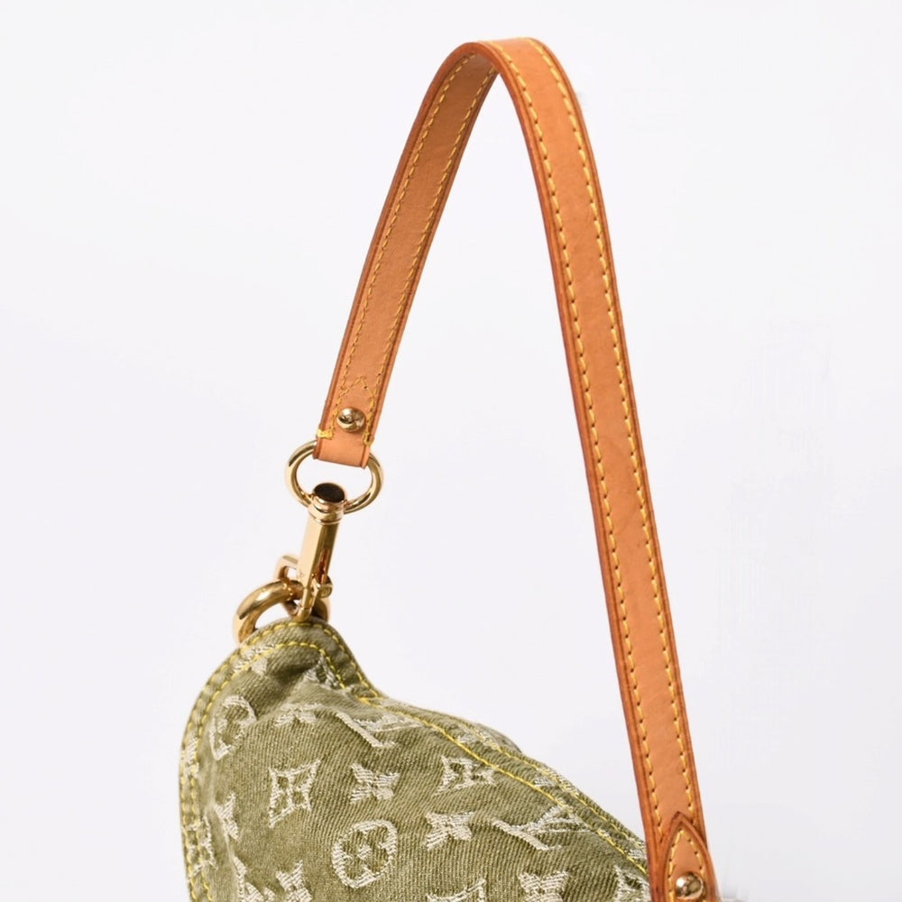 極美品 LOUIS VUITTON ルイヴィトン ミニ プリーティ ワンショルダーバッグ M95217 モノグラム デニム カーキ ゴールド金具 中古 4a003584
