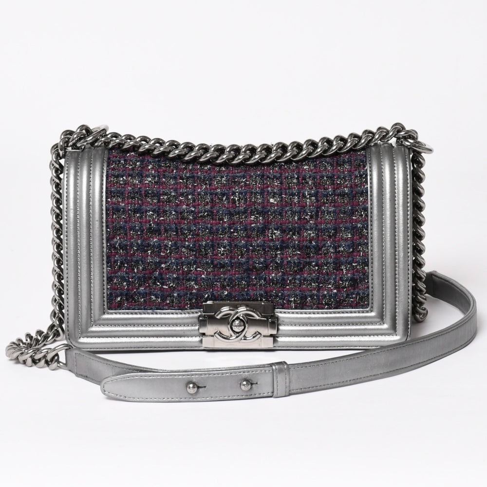 極美品 CHANEL シャネル ボーイシャネル チェーンショルダーバッグ 20番台 ツイード レザー シルバー金具 中古 4a003664