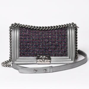 Very Good Condition CHANEL Boy Chanel Chain Shoulder Bag No. 20 Tweed Leather Silver Hardware Used 4a003664