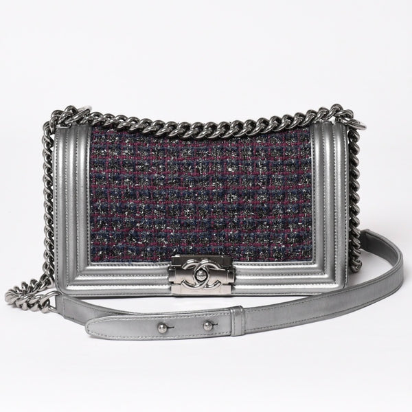 Very Good Condition CHANEL Boy Chanel Chain Shoulder Bag No. 20 Tweed Leather Silver Hardware Used 4a003664