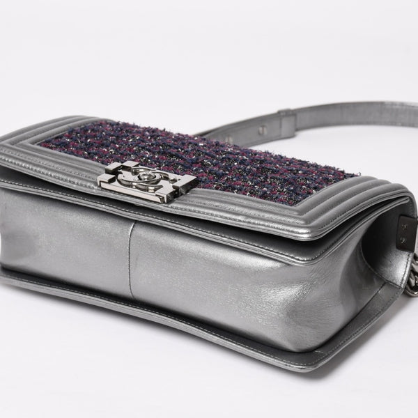 Very Good Condition CHANEL Boy Chanel Chain Shoulder Bag No. 20 Tweed Leather Silver Hardware Used 4a003664