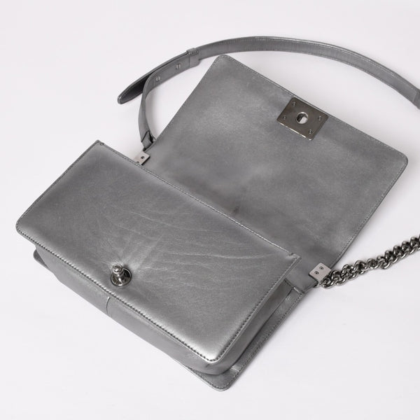 Very Good Condition CHANEL Boy Chanel Chain Shoulder Bag No. 20 Tweed Leather Silver Hardware Used 4a003664