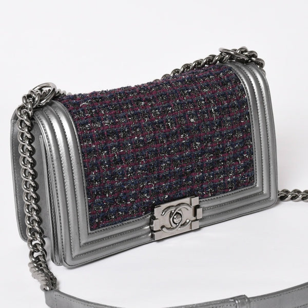 Very Good Condition CHANEL Boy Chanel Chain Shoulder Bag No. 20 Tweed Leather Silver Hardware Used 4a003664