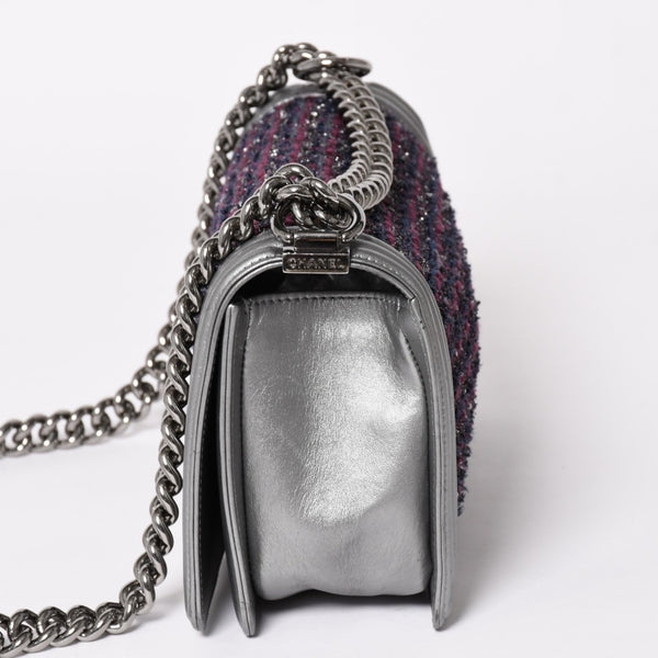 Very Good Condition CHANEL Boy Chanel Chain Shoulder Bag No. 20 Tweed Leather Silver Hardware Used 4a003664