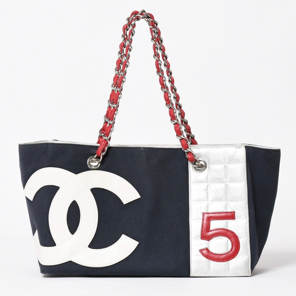 CHANEL シャネル No.5 ココマーク チェーントートバッグ A18644 ラムスキン キャンバス アルミ調 ナンバリング シルバー金具 編み込みチェーン 良品 中古 4a003678