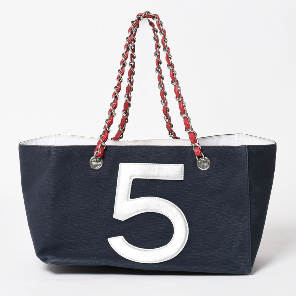 CHANEL シャネル No.5 ココマーク チェーントートバッグ A18644 ラムスキン キャンバス アルミ調 ナンバリング シルバー金具 編み込みチェーン 良品 中古 4a003678