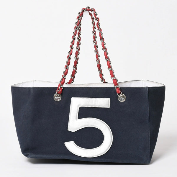 CHANEL シャネル No.5 ココマーク チェーントートバッグ A18644 ラムスキン キャンバス アルミ調 ナンバリング シルバー金具 編み込みチェーン 良品 中古 4a003678