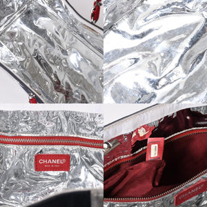 CHANEL シャネル No.5 ココマーク チェーントートバッグ A18644 ラムスキン キャンバス アルミ調 ナンバリング シルバー金具 編み込みチェーン 良品 中古 4a003678