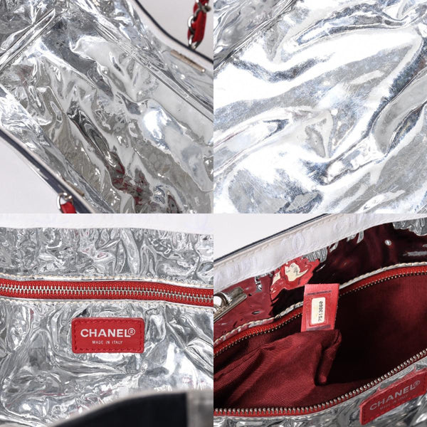 CHANEL シャネル No.5 ココマーク チェーントートバッグ A18644 ラムスキン キャンバス アルミ調 ナンバリング シルバー金具 編み込みチェーン 良品 中古 4a003678