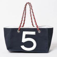 Load image into Gallery viewer, CHANEL シャネル No.5 ココマーク チェーントートバッグ A18644 ラムスキン キャンバス アルミ調 ナンバリング シルバー金具 編み込みチェーン 良品 中古 4a003678