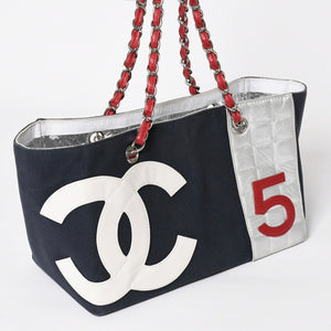 CHANEL シャネル No.5 ココマーク チェーントートバッグ A18644 ラムスキン キャンバス アルミ調 ナンバリング シルバー金具 編み込みチェーン 良品 中古 4a003678