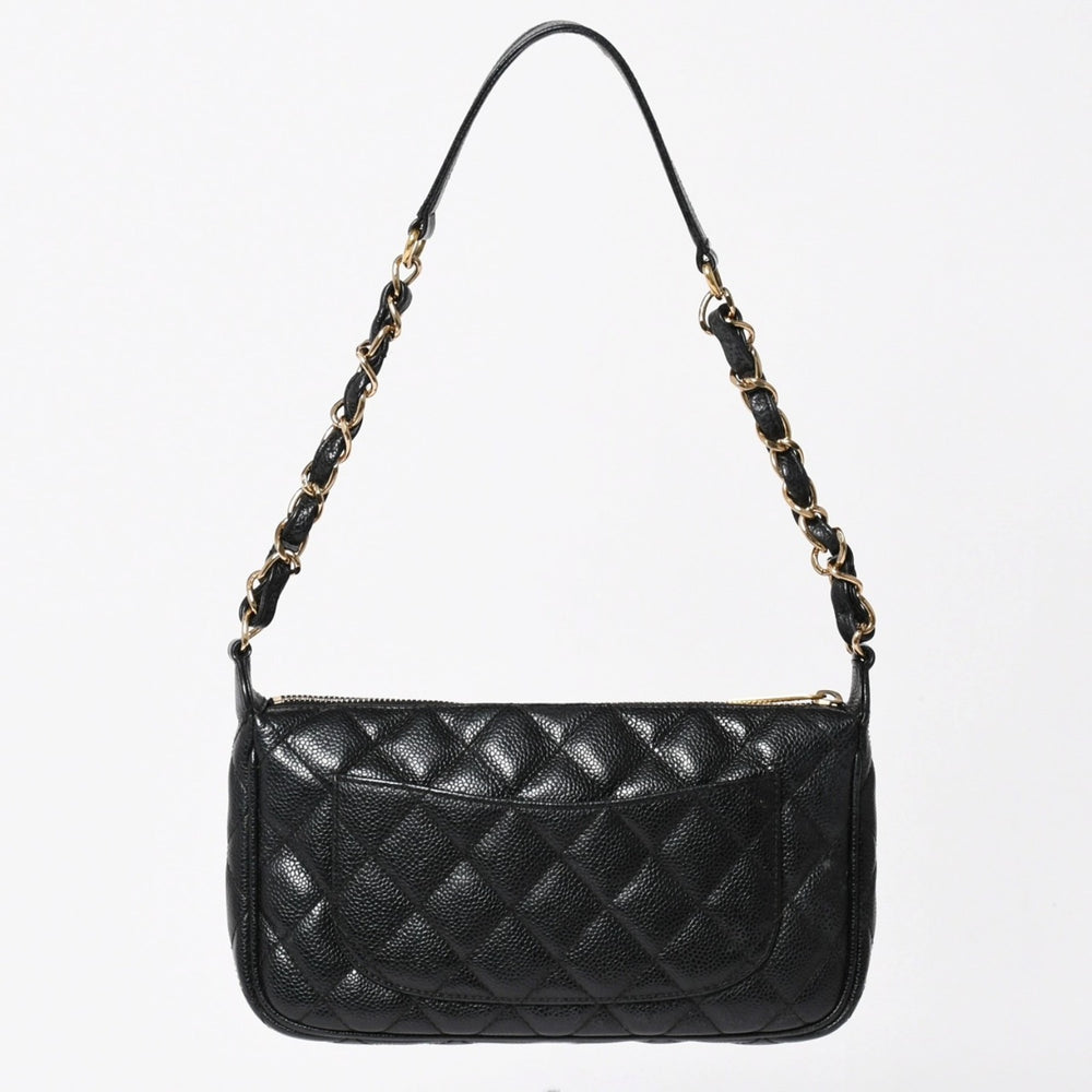 極美品 CHANEL シャネル チェーンショルダーバッグ マトラッセ キャビアスキン ココマーク ブラック ショルダーポーチ 7番台 A22476 中古 4a003712