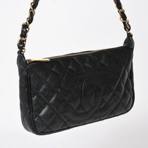 極美品 CHANEL シャネル チェーンショルダーバッグ マトラッセ キャビアスキン ココマーク ブラック ショルダーポーチ 7番台 A22476 中古 4a003712