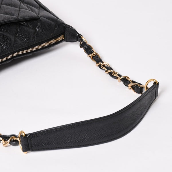 極美品 CHANEL シャネル チェーンショルダーバッグ マトラッセ キャビアスキン ココマーク ブラック ショルダーポーチ 7番台 A22476 中古 4a003712