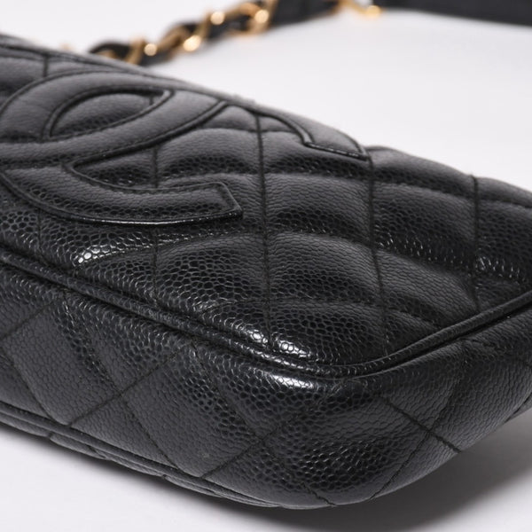 極美品 CHANEL シャネル チェーンショルダーバッグ マトラッセ キャビアスキン ココマーク ブラック ショルダーポーチ 7番台 A22476 中古 4a003712
