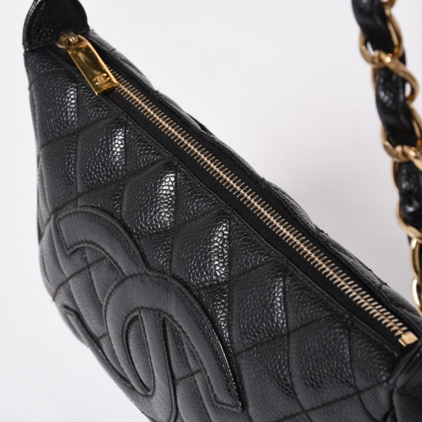 極美品 CHANEL シャネル チェーンショルダーバッグ マトラッセ キャビアスキン ココマーク ブラック ショルダーポーチ 7番台 A22476 中古 4a003712